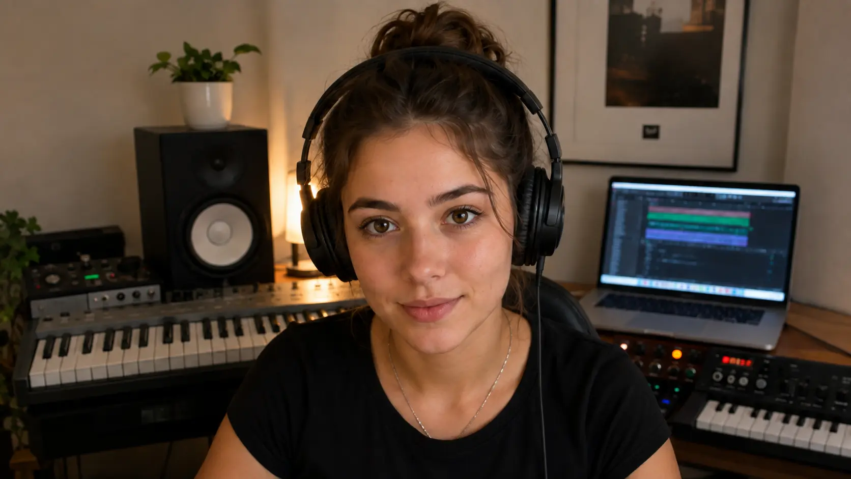 Fictional adult music student on camera