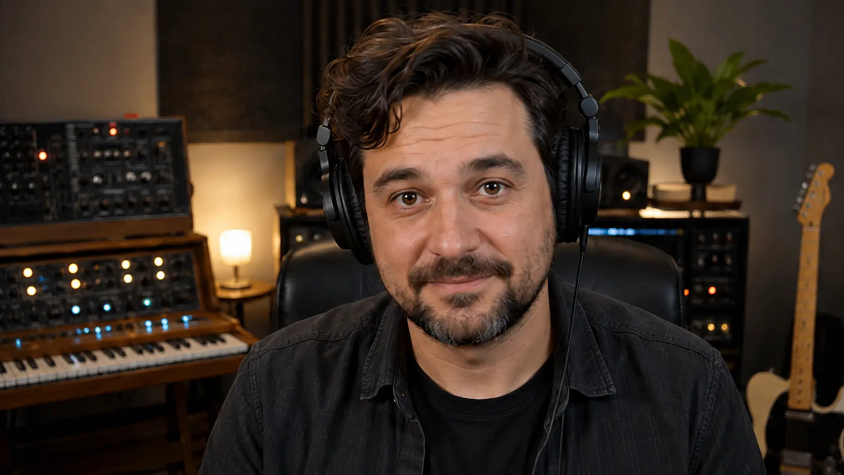 Fictional music-production teacher on camera